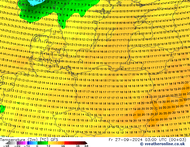 température (2m) GFS ven 27.09.2024 03 UTC