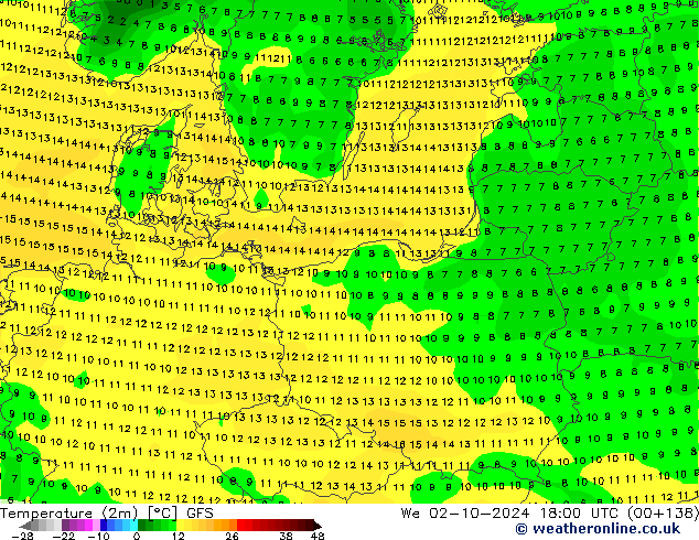 Temperaturkarte (2m) GFS Mi 02.10.2024 18 UTC