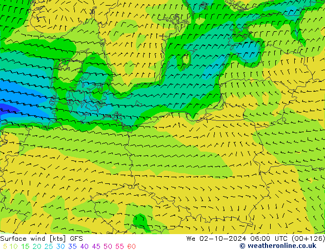 Surface wind GFS We 02.10.2024 06 UTC