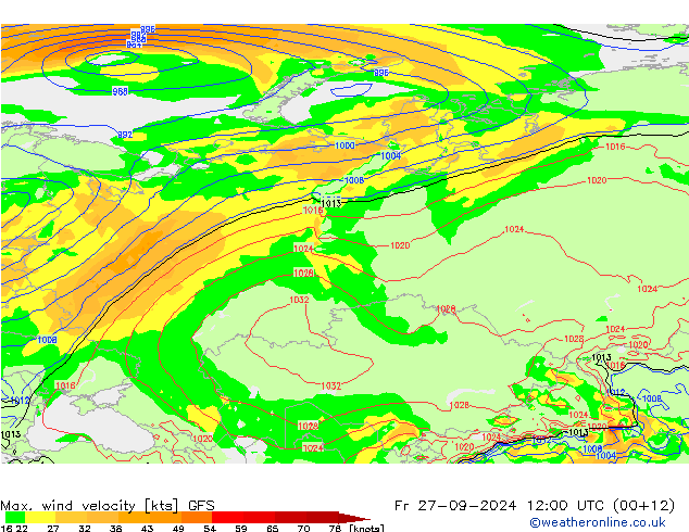 Max. wind velocity GFS ven 27.09.2024 12 UTC