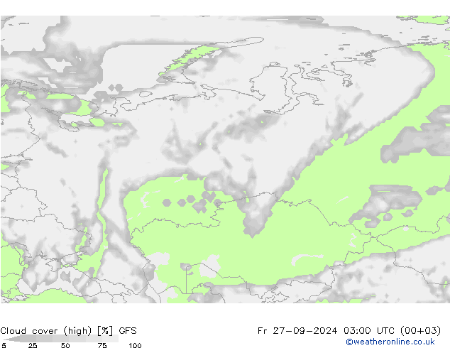 Cloud cover (high) GFS Fr 27.09.2024 03 UTC