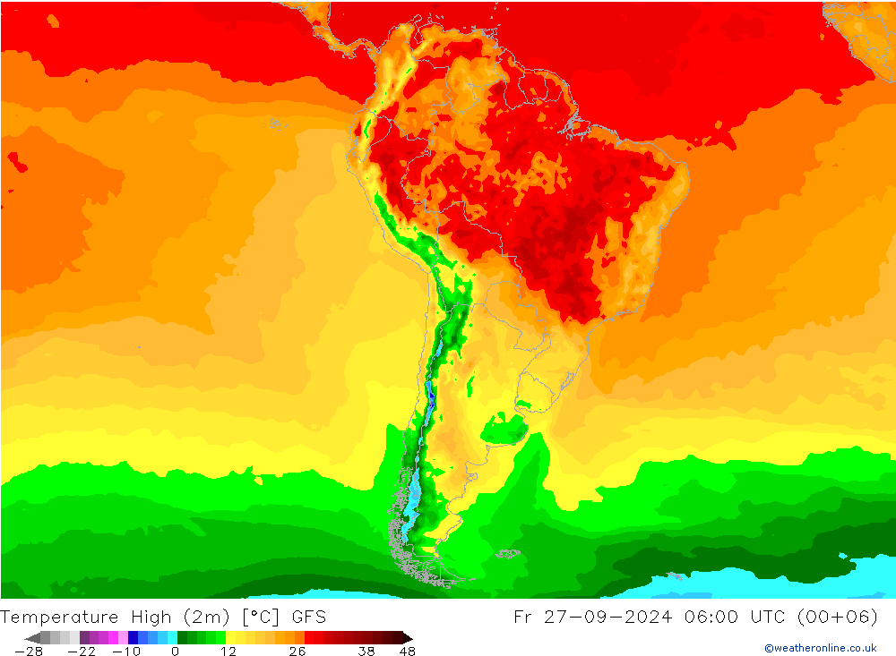 température 2m max GFS ven 27.09.2024 06 UTC