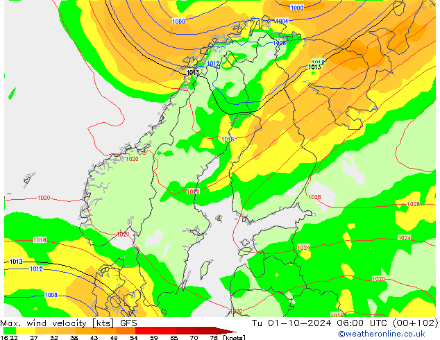 Max. wind velocity GFS mar 01.10.2024 06 UTC