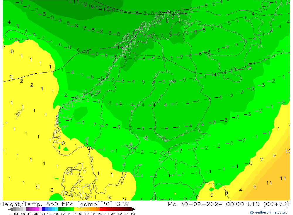 Geop./Temp. 850 hPa GFS lun 30.09.2024 00 UTC