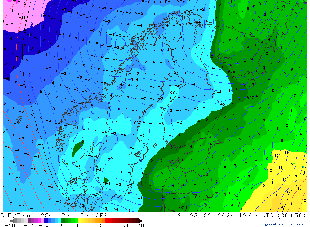 SLP/Temp. 850 hPa GFS Sa 28.09.2024 12 UTC