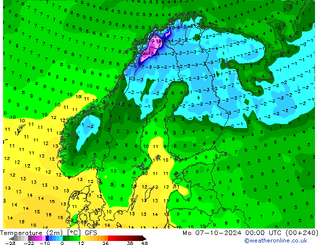 température (2m) GFS lun 07.10.2024 00 UTC