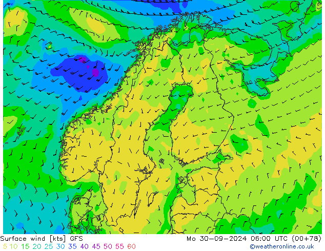 Viento 10 m GFS lun 30.09.2024 06 UTC