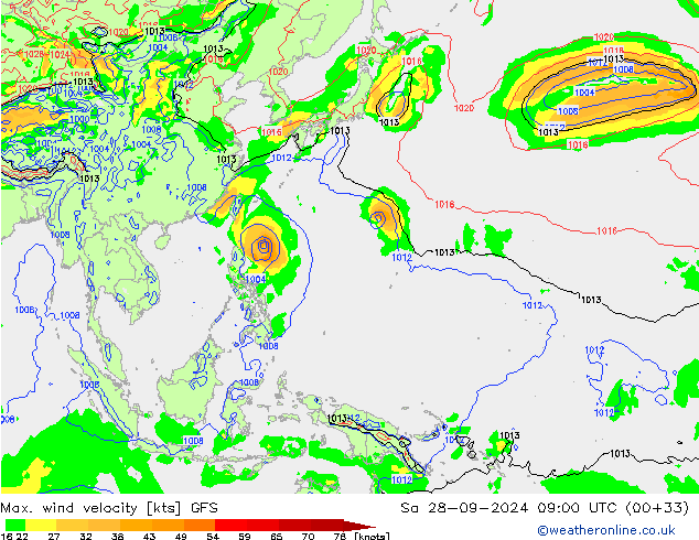 Max. wind snelheid GFS za 28.09.2024 09 UTC