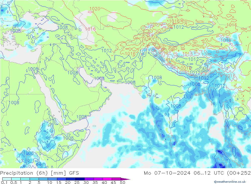 Precipitation (6h) GFS Mo 07.10.2024 12 UTC