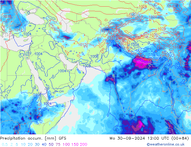 Precipitation accum. GFS lun 30.09.2024 12 UTC