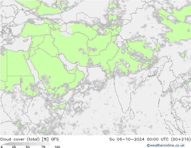 Cloud cover (total) GFS Su 06.10.2024 00 UTC