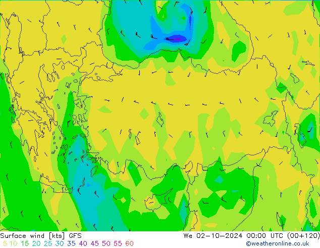 Surface wind GFS We 02.10.2024 00 UTC