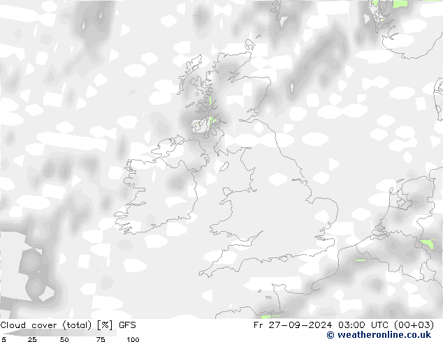 Cloud cover (total) GFS Fr 27.09.2024 03 UTC