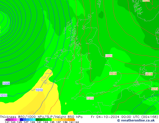 Thck 850-1000 hPa GFS ven 04.10.2024 00 UTC