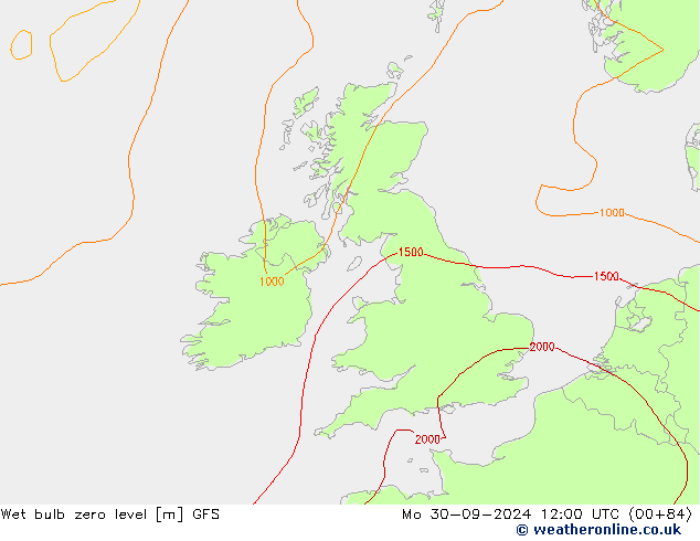 Wet bulb zero level GFS pon. 30.09.2024 12 UTC