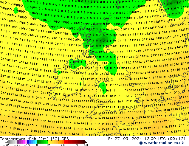 Max.temperatuur (2m) GFS vr 27.09.2024 12 UTC