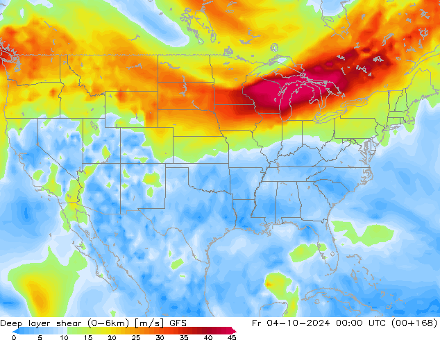 Deep layer shear (0-6km) GFS Fr 04.10.2024 00 UTC