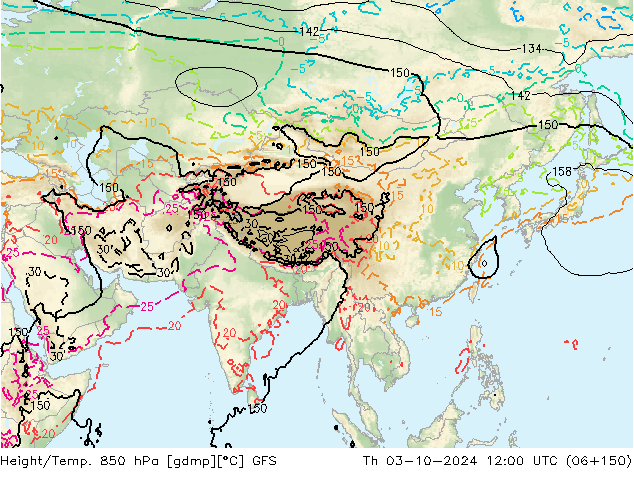 Géop./Temp. 850 hPa GFS jeu 03.10.2024 12 UTC