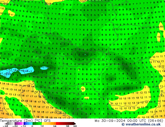 Temperatuurkaart (2m) GFS ma 30.09.2024 00 UTC