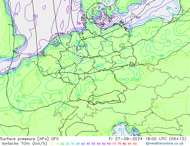 Isotachen (km/h) GFS vr 27.09.2024 18 UTC