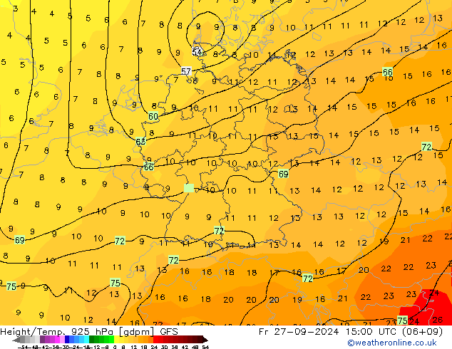 Hoogte/Temp. 925 hPa GFS vr 27.09.2024 15 UTC