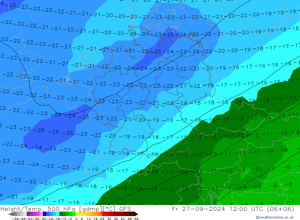 Hoogte/Temp. 500 hPa GFS vr 27.09.2024 12 UTC