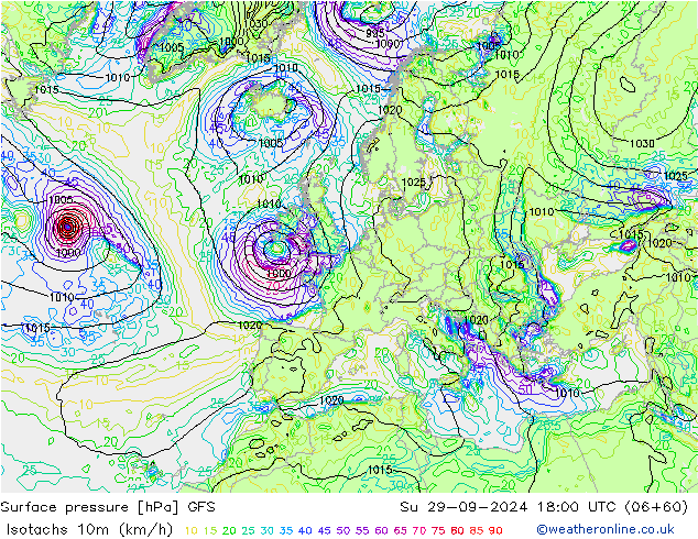 Isotachs (kph) GFS Ne 29.09.2024 18 UTC