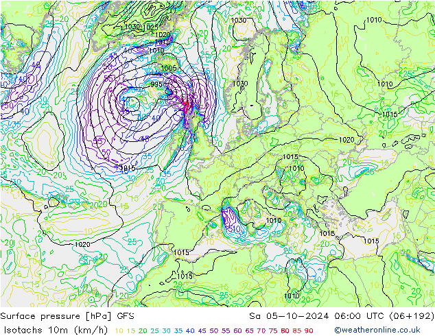 10米等风速线 (kph) GFS 星期六 05.10.2024 06 UTC