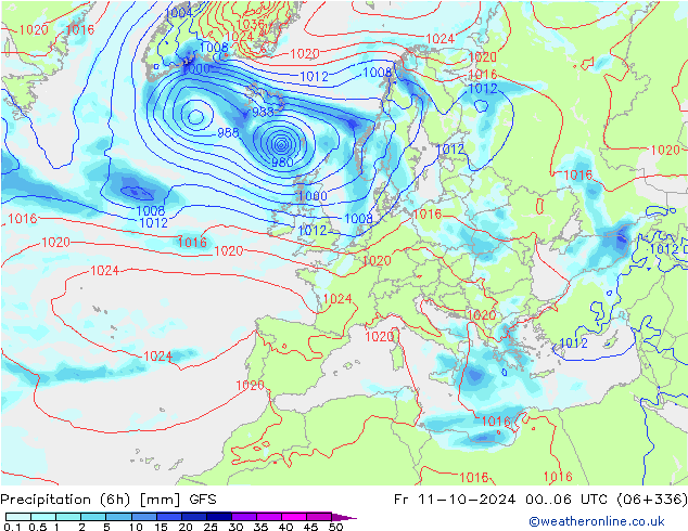 Z500/Rain (+SLP)/Z850 GFS vie 11.10.2024 06 UTC