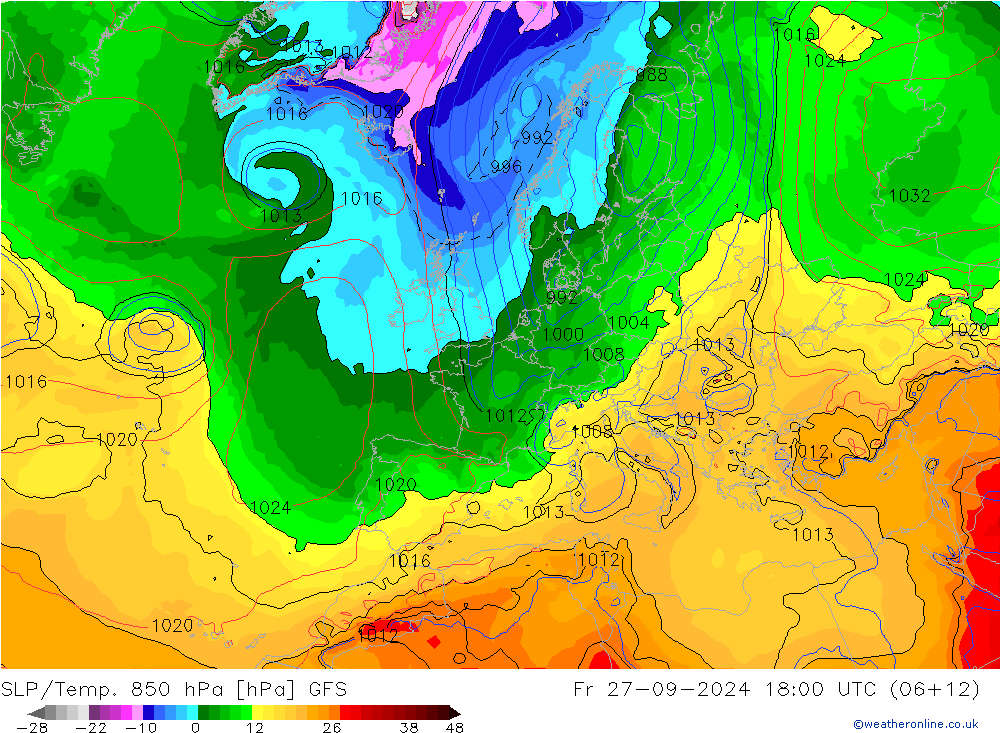 SLP/Temp. 850 hPa GFS vr 27.09.2024 18 UTC