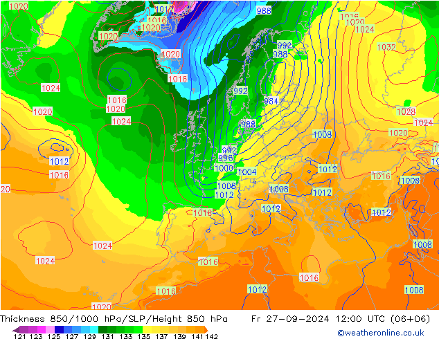 Thck 850-1000 hPa GFS ven 27.09.2024 12 UTC