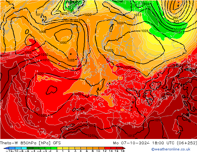 Theta-W 850hPa GFS 星期一 07.10.2024 18 UTC