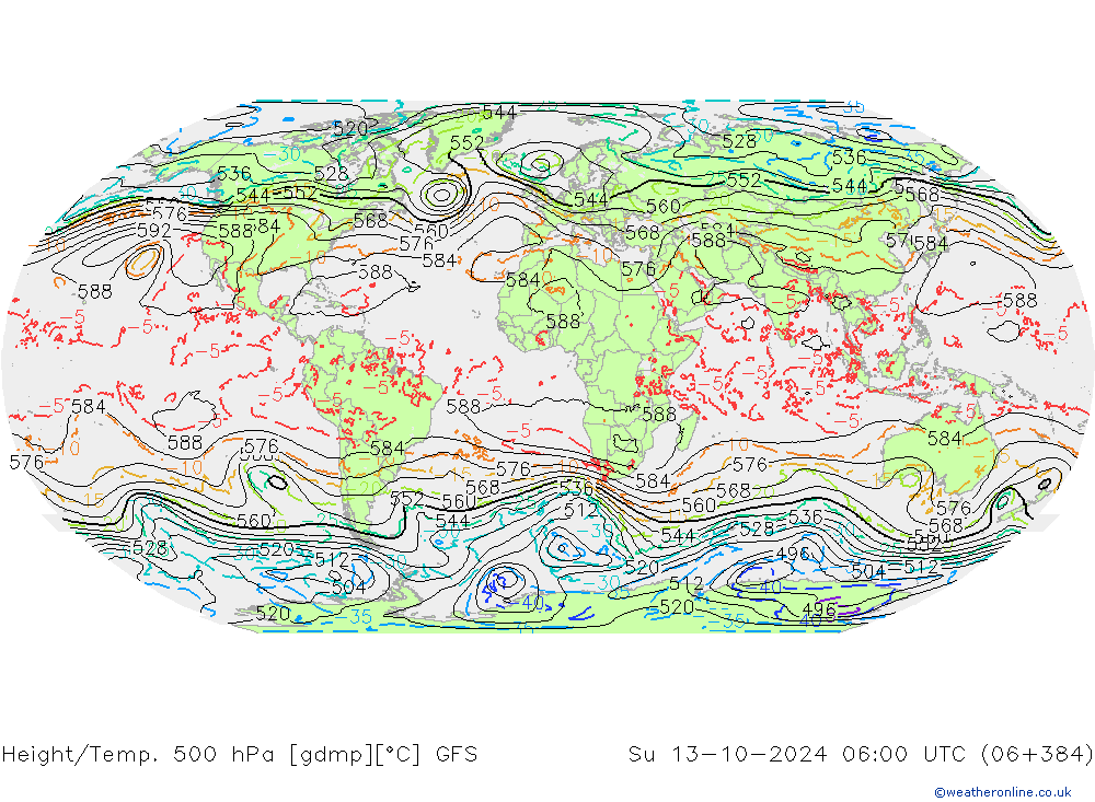 Z500/Rain (+SLP)/Z850 GFS Su 13.10.2024 06 UTC