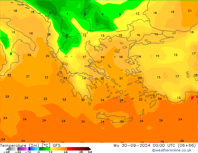 Temperatuurkaart (2m) GFS ma 30.09.2024 00 UTC