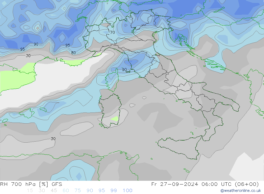 RH 700 hPa GFS Fr 27.09.2024 06 UTC