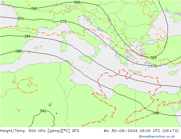 Hoogte/Temp. 500 hPa GFS ma 30.09.2024 06 UTC