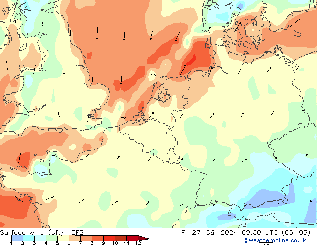 �N 10 米 (bft) GFS 星期五 27.09.2024 09 UTC