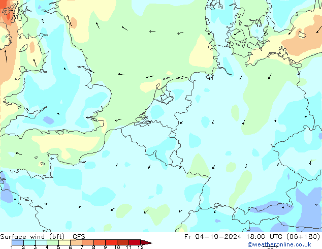 Wind 10 m (bft) GFS vr 04.10.2024 18 UTC