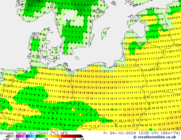 Temperatura del suelo (0-10cm) GFS vie 04.10.2024 12 UTC