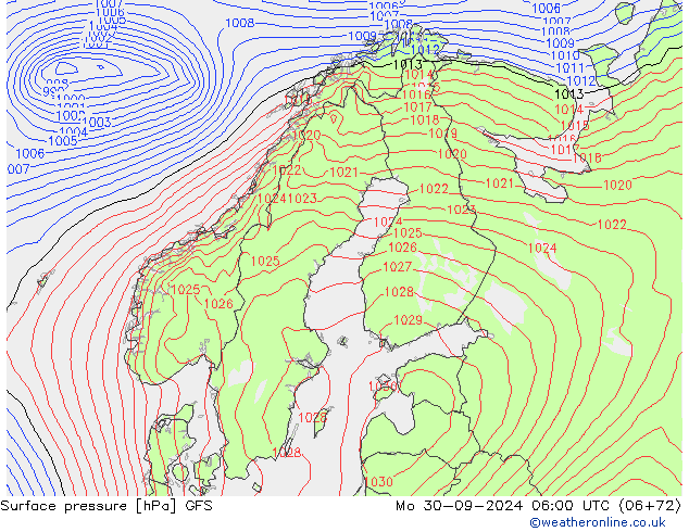 Presión superficial GFS lun 30.09.2024 06 UTC