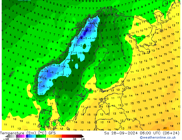 Temperatuurkaart (2m) GFS za 28.09.2024 06 UTC