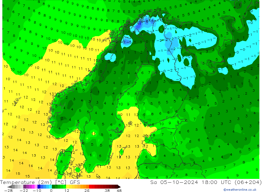 Temperature (2m) GFS Sa 05.10.2024 18 UTC