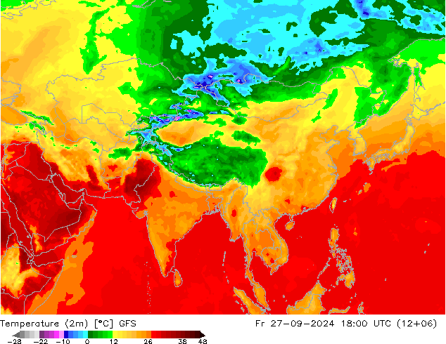 Temperatuurkaart (2m) GFS vr 27.09.2024 18 UTC