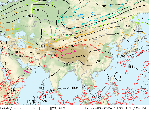 Hoogte/Temp. 500 hPa GFS vr 27.09.2024 18 UTC