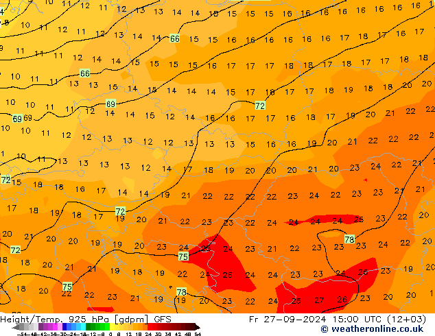 Hoogte/Temp. 925 hPa GFS vr 27.09.2024 15 UTC