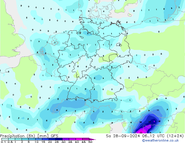 降水量 (6h) GFS 星期六 28.09.2024 12 UTC