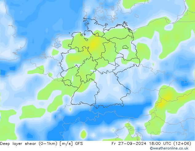 Deep layer shear (0-1km) GFS 星期五 27.09.2024 18 UTC