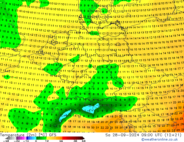 Temperatuurkaart (2m) GFS za 28.09.2024 09 UTC