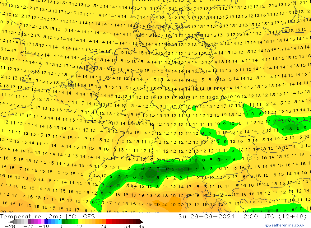 Temperatuurkaart (2m) GFS zo 29.09.2024 12 UTC