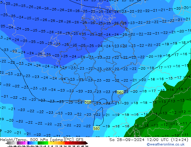 Z500/Rain (+SLP)/Z850 GFS 星期六 28.09.2024 12 UTC